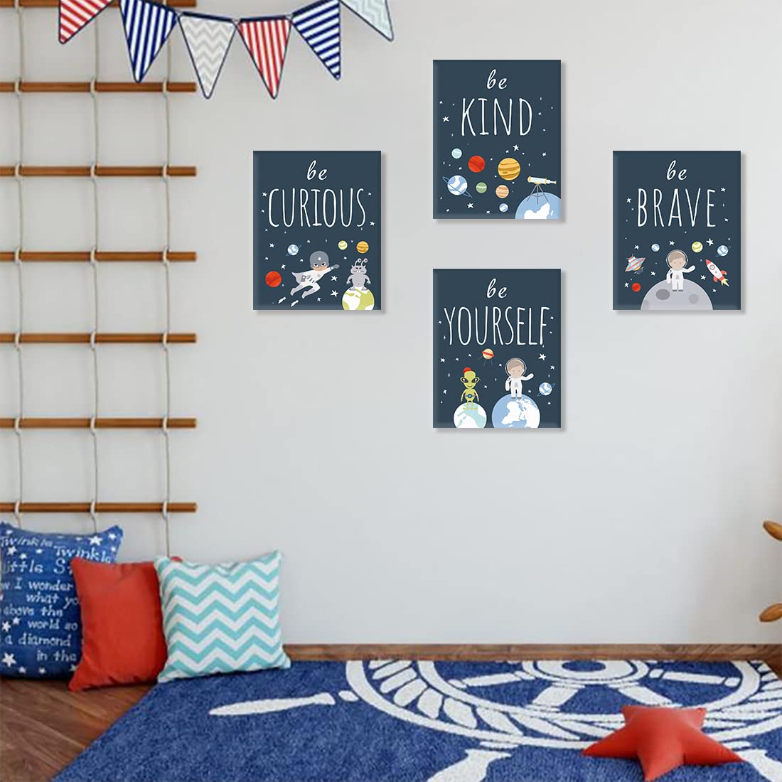 CHDITB Outer Space Canvas Wall Art, Abstract Universe Planet Print, Be Kind Inspirational Space Poster For Kids Room Boys Bedroom Nursery Playroom Decor-Set Of 4 (8” X 10”) Framed Ready To Hang