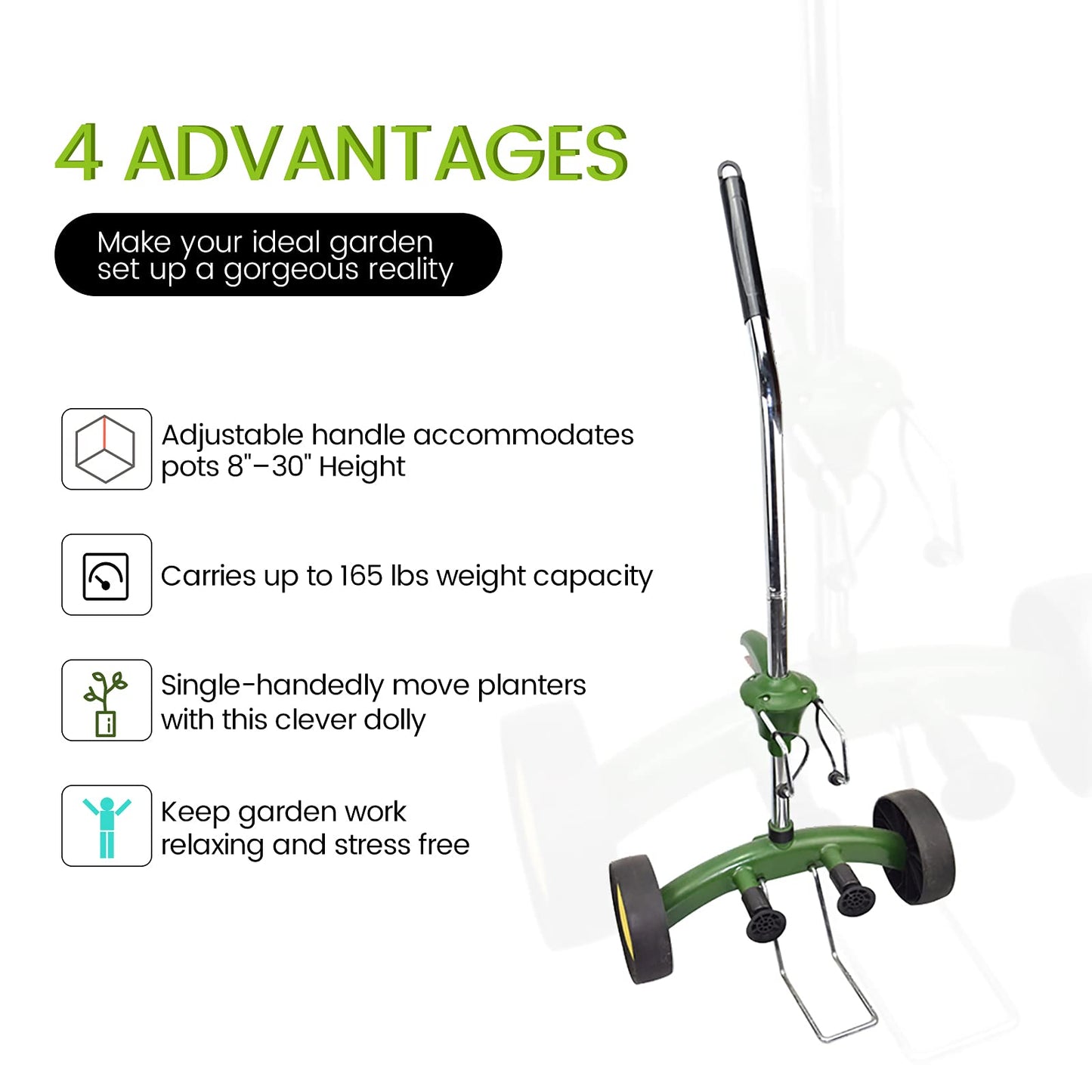 EJWOX Heavy Duty Plant Dolly Caddy - Pot Mover for Garden w/ 165 lb Capacity, Flat-Free Wheels & Suction Cups | Adjustable Handle, Floor Protection