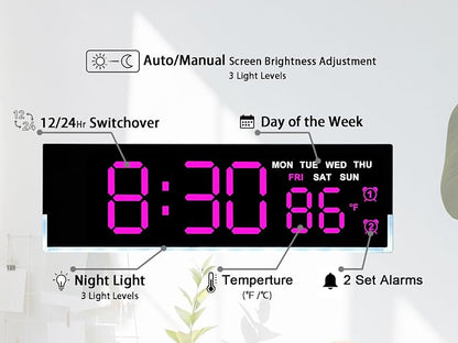 JENLYSTIME 7 Inch LED Digital Alarm Clock with Dual Alarms & Bottom Glow｜Displays Time, Date, Day, Temperature ｜3-Level Auto/Manual Brightness, DST, USB or Battery Powered Modern Desk Clock(Rose Red)