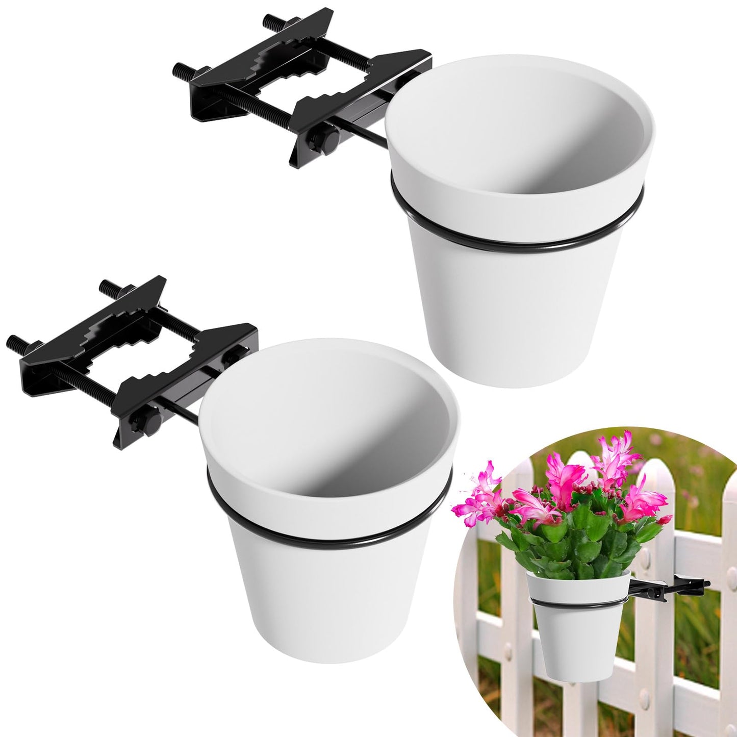 Xbpeuy Hanging Flower Pots Holder, 2 Set Deck Railing Plant Container Holder with Pot, Pipe Clip Fence Planters Tray for Indoor & Outdoor Fence Balcony Patio Porch Railing