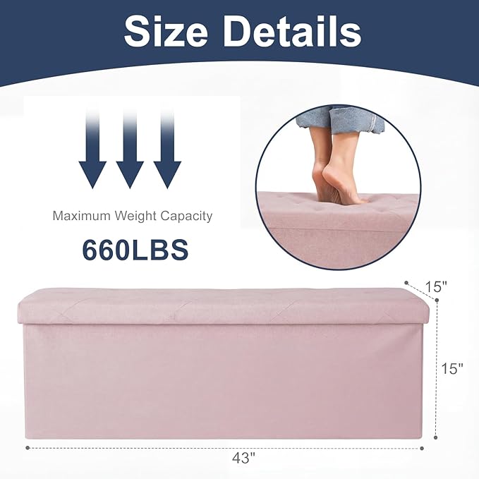 DUMOS 43in Foldable Storage Ottoman Bench, Storage Chest, Large End of Bed Foot