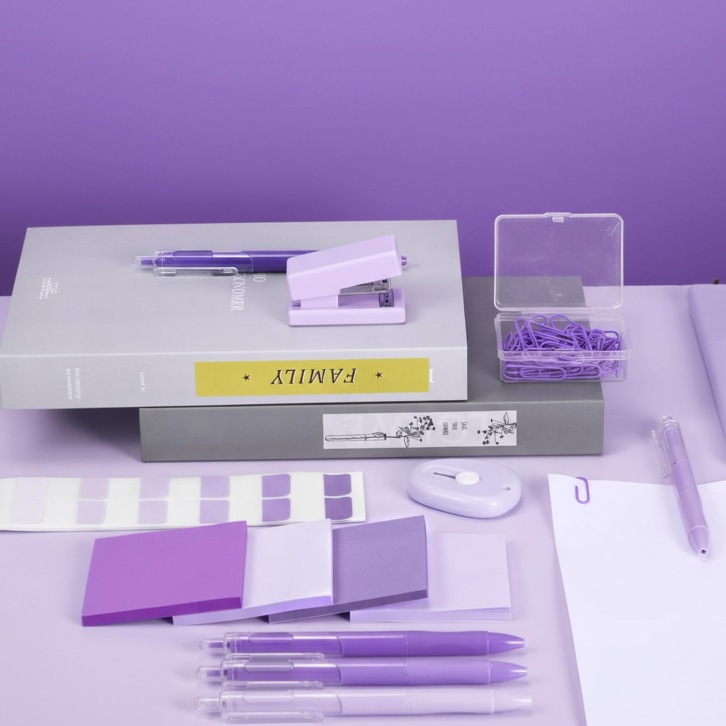 Humyoun Mini Purple Office Supplies Kit Purple School Supplies Christmas Gift Desk Accessories with Gel Pens Sticky Notes Stapler Scissor Paper Clips Index Tabs Box Cutter for Christmas Gifts Office