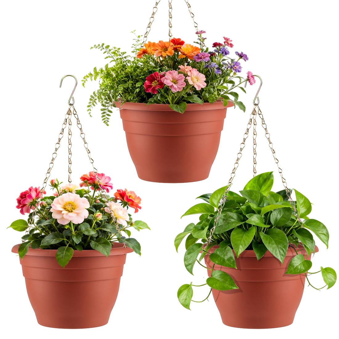 RooTrimmer Hanging Planters 11 Inch, 3 Pcs Flower Pots with Drainage Hole, Self Watering Hanging Basket for Indoor Outdoor Plants, Decor, Pottery Red
