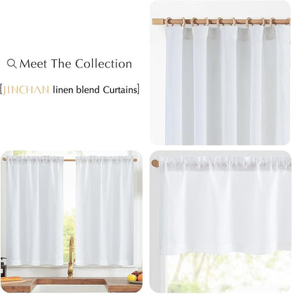 jinchan Linen Textured Tier Curtains 24 Inch for Kitchen Windows Farmhouse Cafe Curtains Small Drapes Rustic Light Filtering Half Window for Living Room Laundry Rod Pocket 2 Panels White