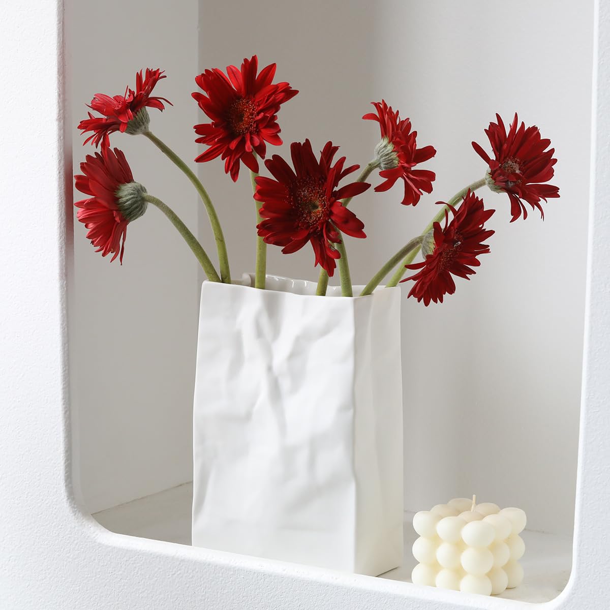 Pumtus Crinkle Paper Bag Ceramic Vase, 7.5 Inch Unique Flower Vase, White Matte Square Wide Mouth Pleated Planter, Minimalist Boho Pot for Flower Arrangement Table Centerpiece Home Office Decor