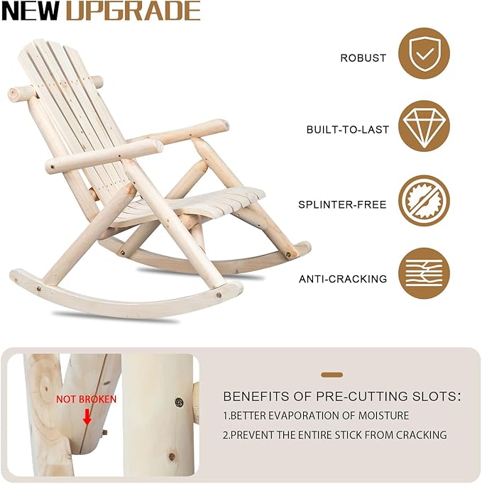 Outvita Wooden Rocking Chair, Fir Log Adirondack Rocker, Outdoor Wood Accent
