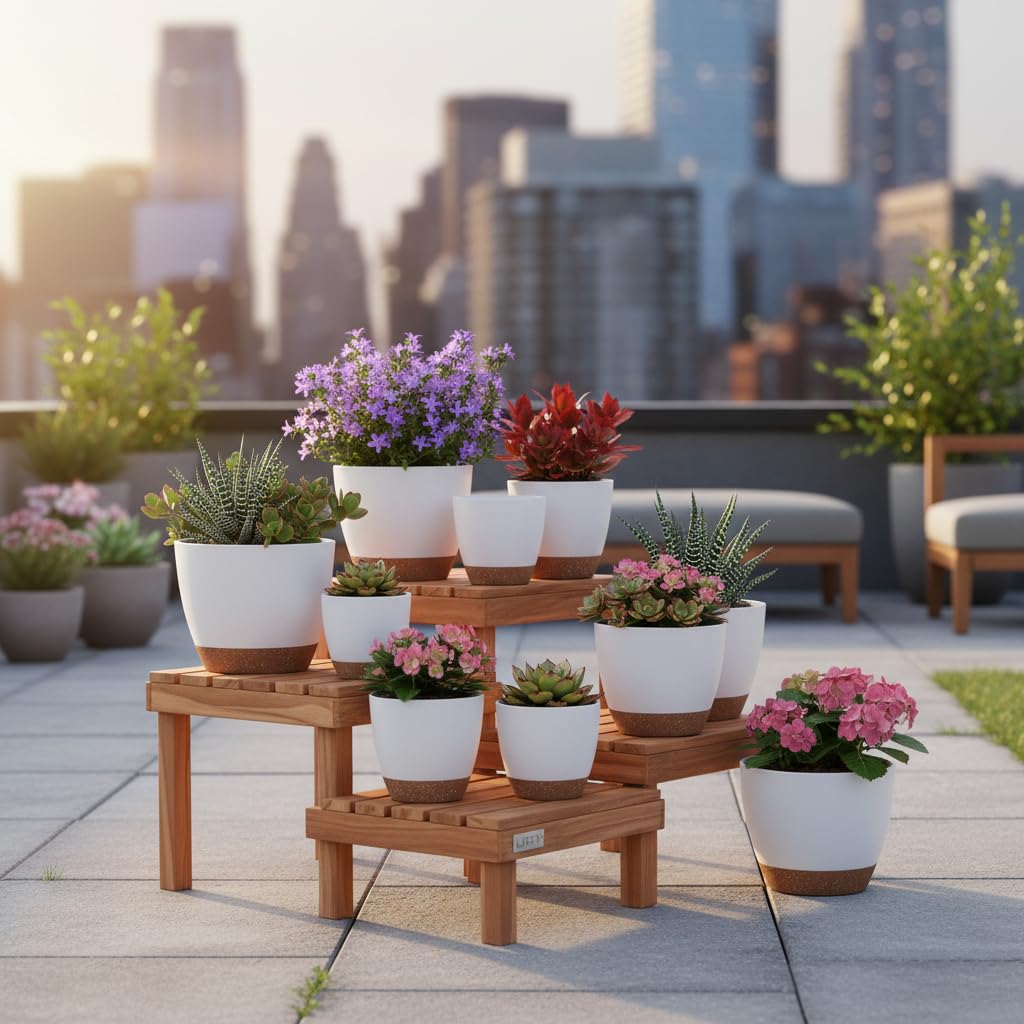 LIFFY Plant Pots, 8,7.5,7,6.5,6,5.5,5 Inch Plastic Self Watering Planters with Drainage Holes & Saucers, 7-Pack White Nursery Planting Pot with Deep Reservoir for Indoor Outdoor Plants