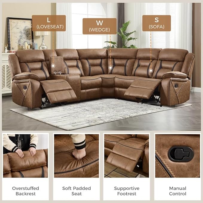EBELLO Faux Leather Reclining Sectional Sofa Set