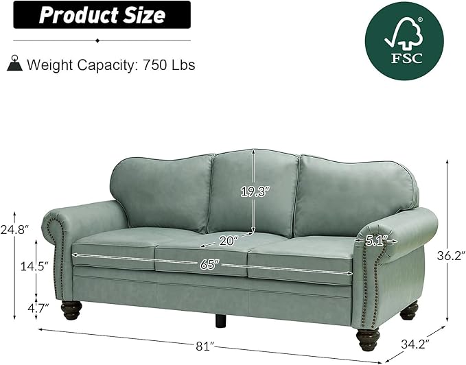 81" Genuine Leather Sofa, Classic 3-Seater Couchs