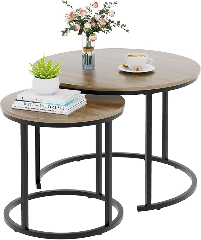 Garden 4 you Nesting Coffee Table, 23.6" Round Coffee Table Set of 2, Wooden