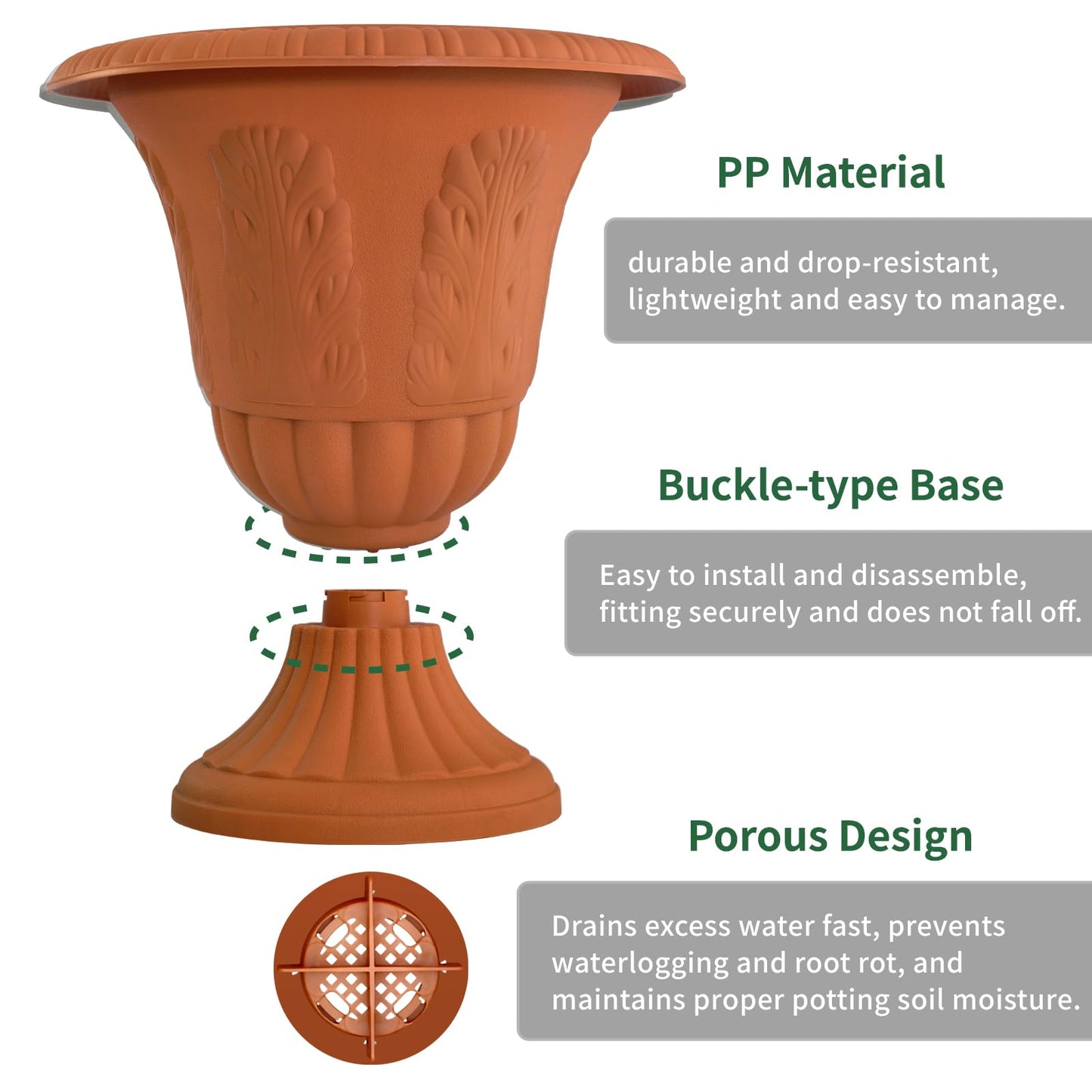 OUMUHE Set of 2 Goblet-Shaped Plastic Planter Urns, 16" H × 14.5" D Large Lightweight Durable Flower Pots, Decorative Indoor Outdoor Garden Patio Plant Containers (Terracotta)