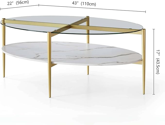 LumFurn Oval Glass Coffee Table, Mid-Century Modern Design, L43 x W22 x H17 inch