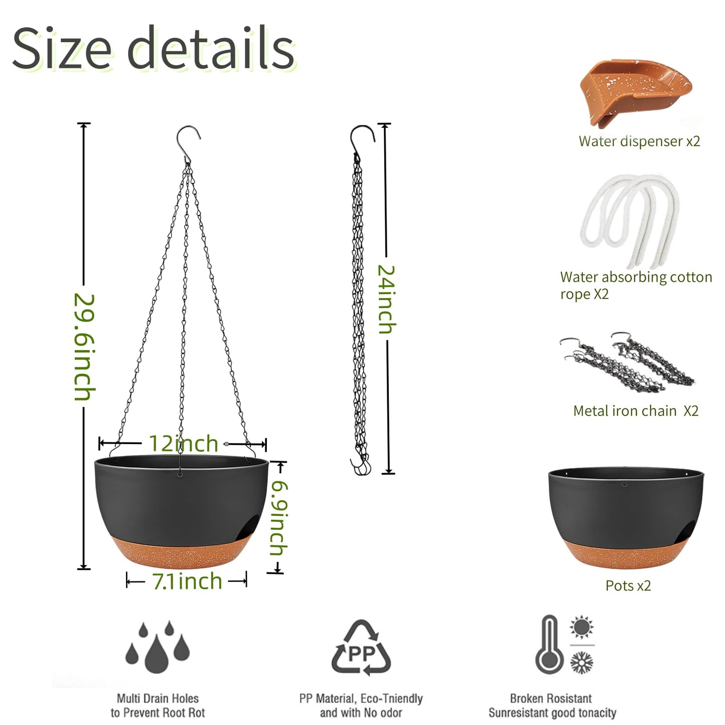 CNLBO 12 Inch Self Watering Hanging Planters 2 Pack, Indoor Outdoor Hanging Pots for Plants with Drainage Holes & Saucers, Black Brown Plastic Hanging Baskets for Kitchen Balcony Garden