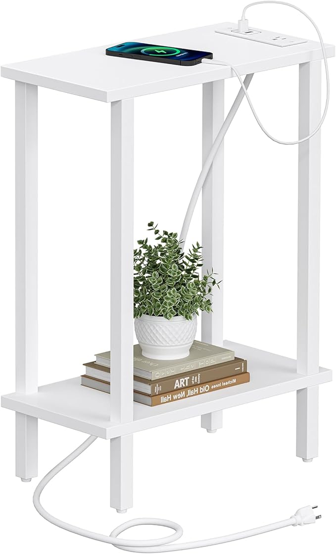TUTOTAK Small End Table with Charging Station, Narrow Side Table with USB Ports