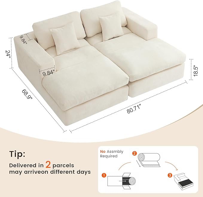80.7" Oversized Double Chaise Lounge Chair Indoor, Cloud Boneless Sleeper Sofa