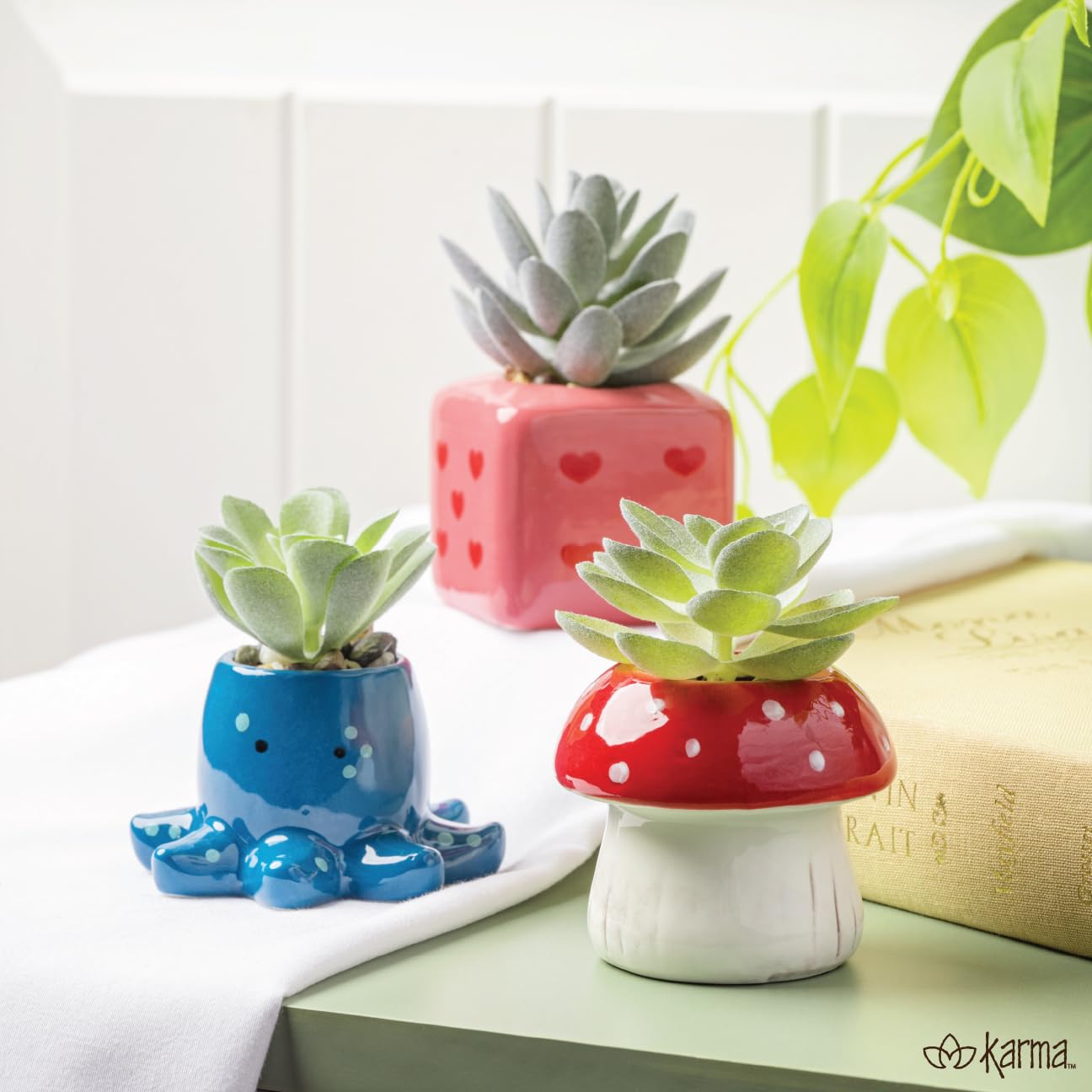 Karma, Shaped Succulent Pot, Artificial Succulents in Ceramic Pot, Faux Mini Succulent Plant, Desk Decor, Office Plants, Succulent Décor Faux Succulent Plants Potted - Heart Dice