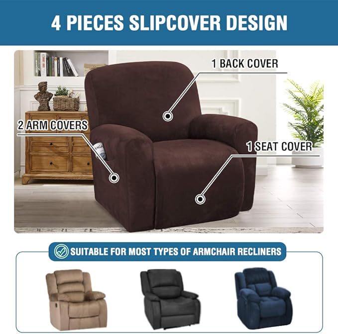 H.VERSAILTEX Velvet Stretch Recliner Couch Covers 4-Pieces Style Recliner Chair