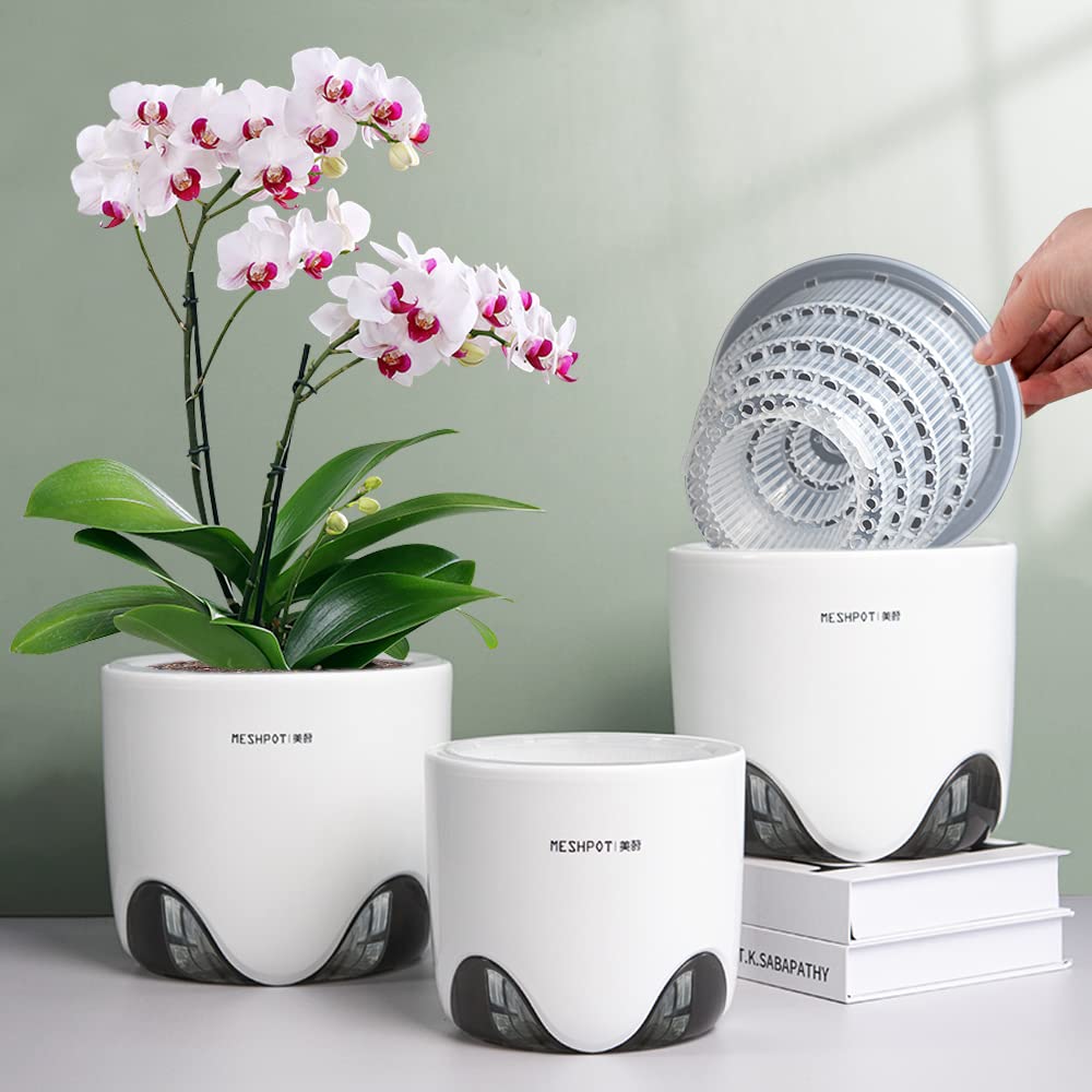 Meshpot 5 inch Orchid Pots with Holes for Repotting with Excellent Airflow, Set of 2, Double Layer Plastic Imitate Ceramic Orchid Planter, Clear Orchid Pot Match Decorative Orchid Container