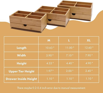 GOBAM Bamboo Makeup Organizer and Storage with Drawer, Wooden Cosmetic Organizer Countertop for Bathroom, Bedroom, Kitchen & Dresser, Desk Organizer with Drawers and Make up Vanity Station - Medium