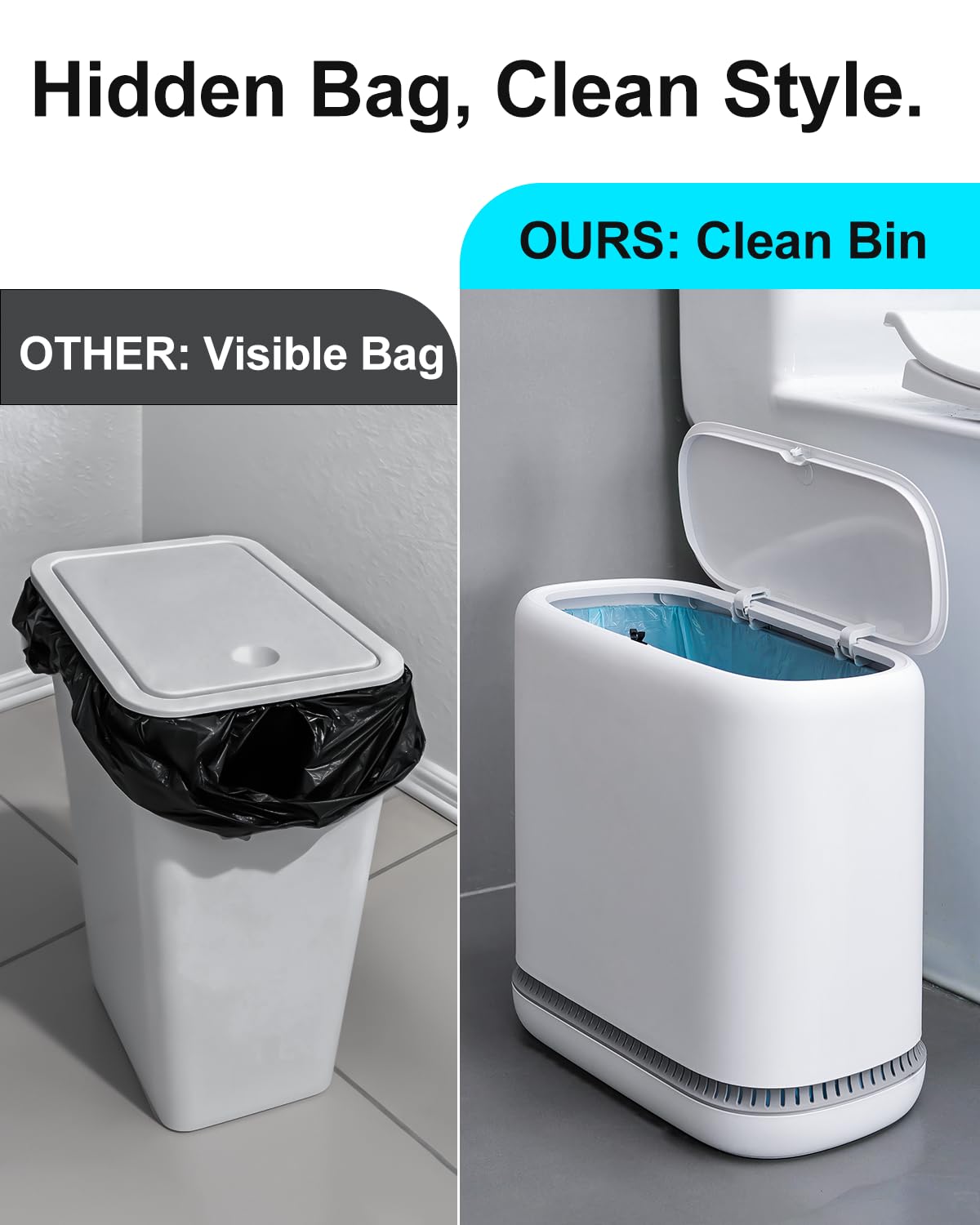 Purexa 2.3 Gallon Slim Small Bathroom Trash Can with Lid, White Dog Proof Garbage Can with Air-Press Bag Expander & Removable Bucket, Narrow Bathroom Waste Basket for Bedroom, Office, Dorm