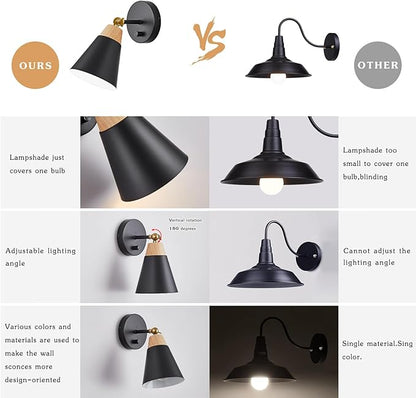 Wall Sconce Set of 2, Wall Sconce Lighting Fixture with Metal Shade, Rotary Switch, Indoor Decor Wall Mount Swing Arm Lamp for Bedroom,Hallway,Living Room,Reading, Black