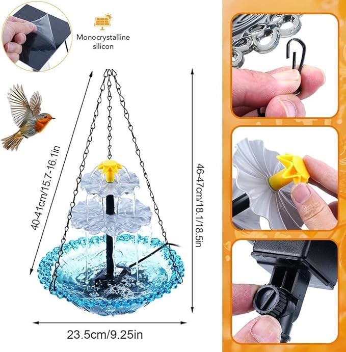 Solar Fountain for Bird Bath，Solar Cascade Hanging Bird Bath Fountain，Large Humming Birds Baths Fountains, with Solars Pump & Glass Bowl, for Outdoor, Gardens (Gray)