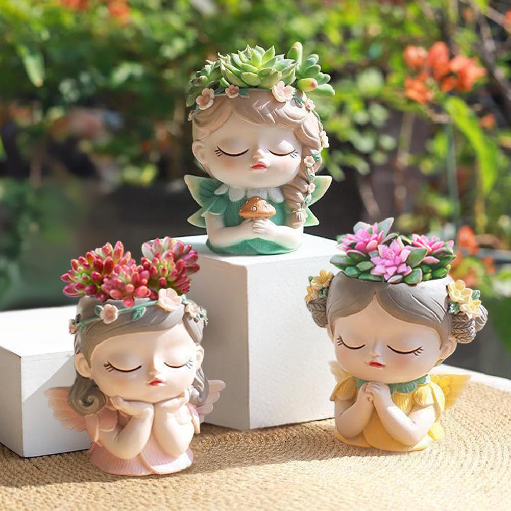 Argofox Small Angel Girl face Succulent Plant Pot 2 Pack with Drainage Hole Indoor Unique Cute Flower Vases Decor with Girl Face Planter Chic Gardening Lover Gifts Idea