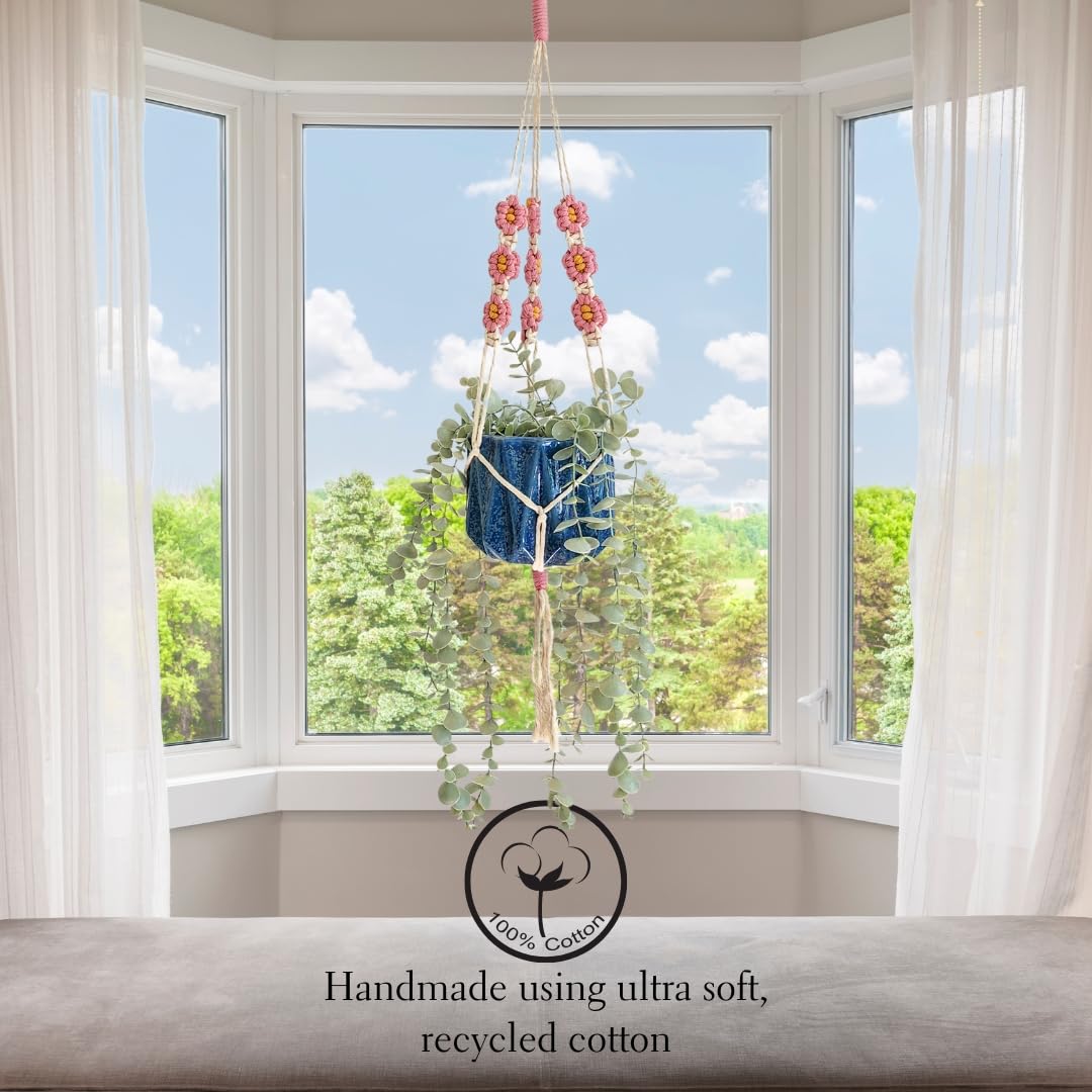 Macrame plant hanger with Daisies | Hanging plant holder | Macrame Plant hangers outdoor and indoor hanging planters Plant stand indoor Boho Decor hanging planter stand/plant shelf (Champagne Pink)