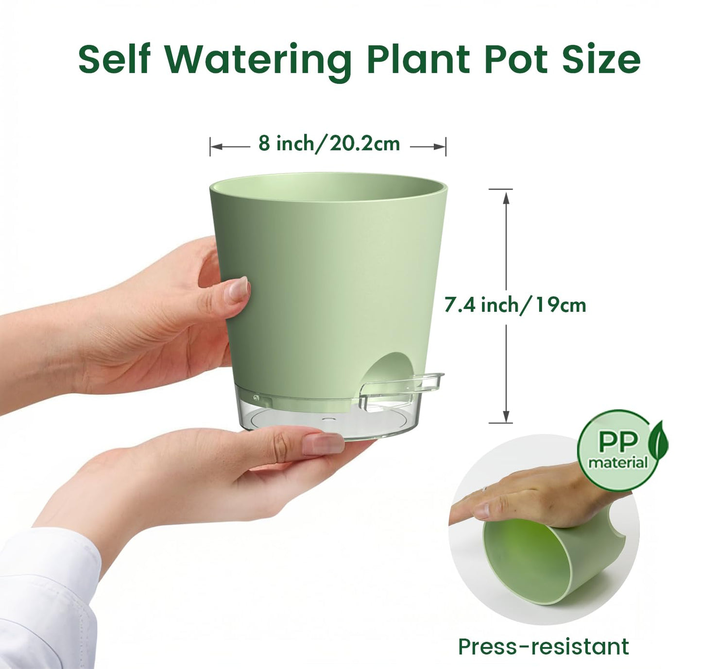 Meowell 8 inch Self Watering Pots for Indoor Outdoor Plants, 2 Pack Flower Plant Pots with Drainage Holes & Clear Reservoir for Visible Water Level, Plastic Wicking Planters for House Plants, Green