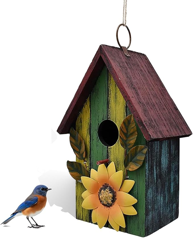 Wood Bird House for Outside, Hanging Bluebird House Nest Box Garden Patio Outdoor Decorative Bird House Vintage Rustic Wooden Birdhouse Bird Box for Finch Wren Chickadee Cardinals