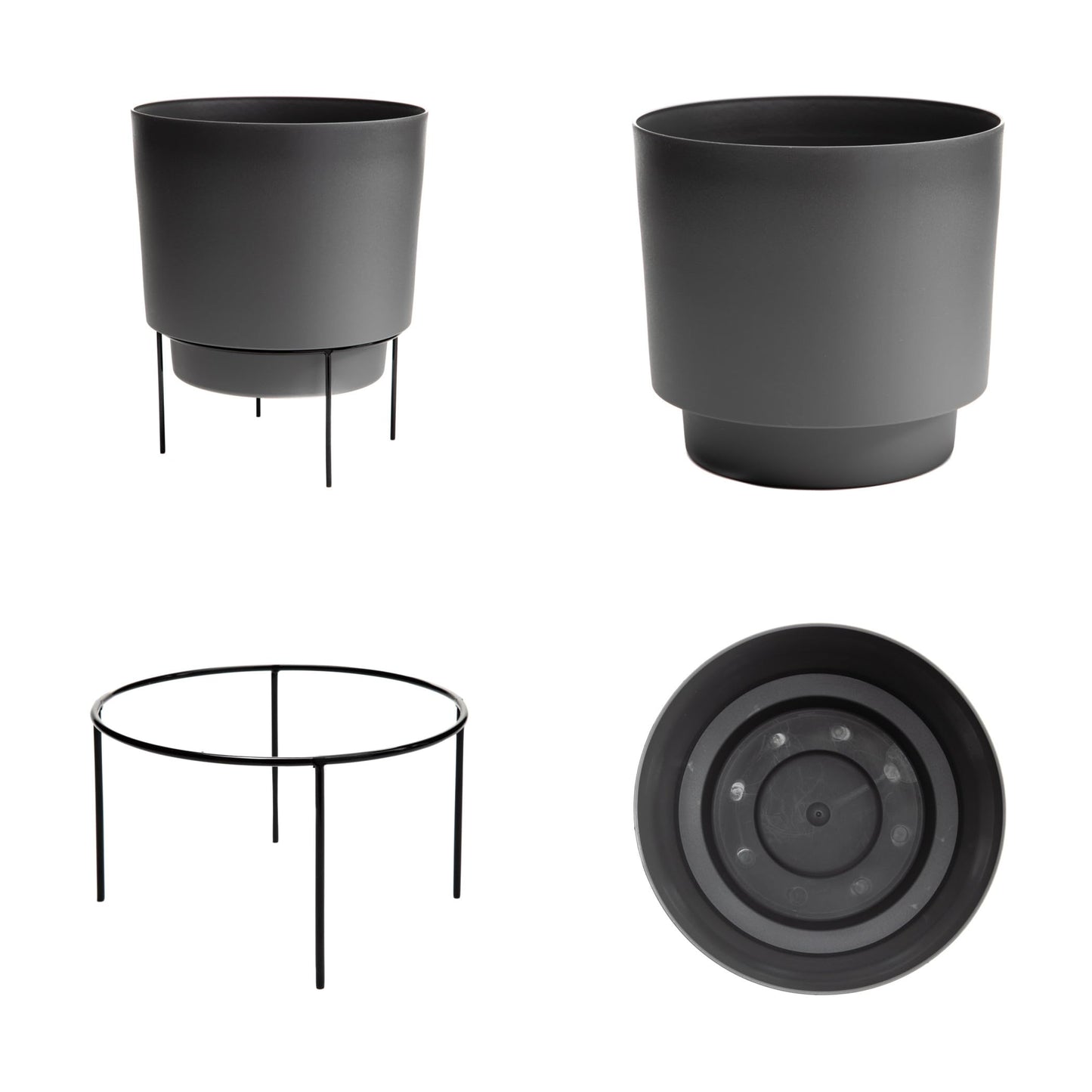 Bloem Hopson 10" Plastic Cachepot with Metal Stand - Decorative Indoor Planter with Black Metal Stand, Charcoal