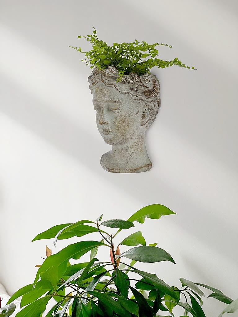 Abbott Collection Goddess Head Wall Planter – Extra Small Cement Indoor and Outdoor Planter Pot – Grecian Woman Statue Head Planter for Flowers and Succulents (Grey, 6.5" Tall, 2.75" Opening)