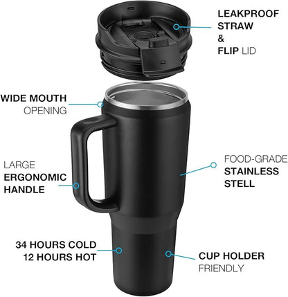 EALGRO 40 oz Tumbler with Handle, Insulated Tumblers with Lid and Straw, Large Metal Sports Water Bottle Jug, Thermal Stainless Steel Travel Coffee Mug Cup, Orange Red