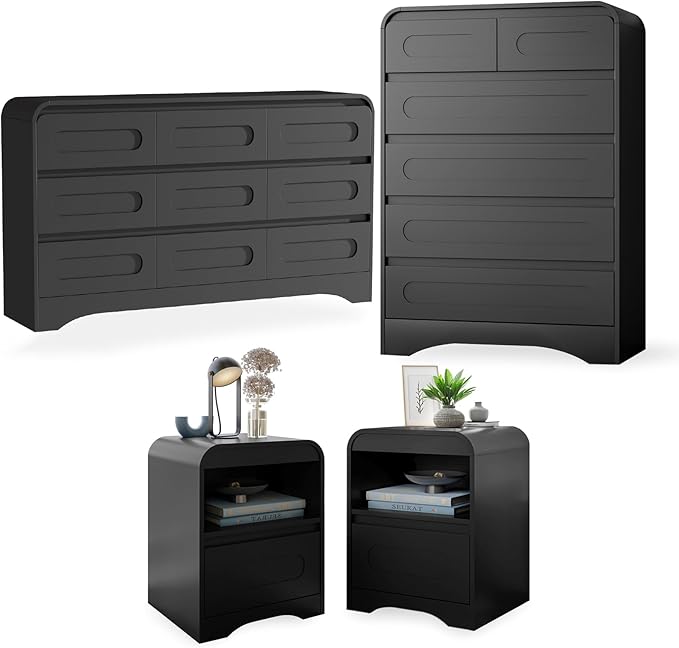 4 Piece Bedroom Set, Dresser and Nightstand Sets, Modern Wooden Large 9 Drawers