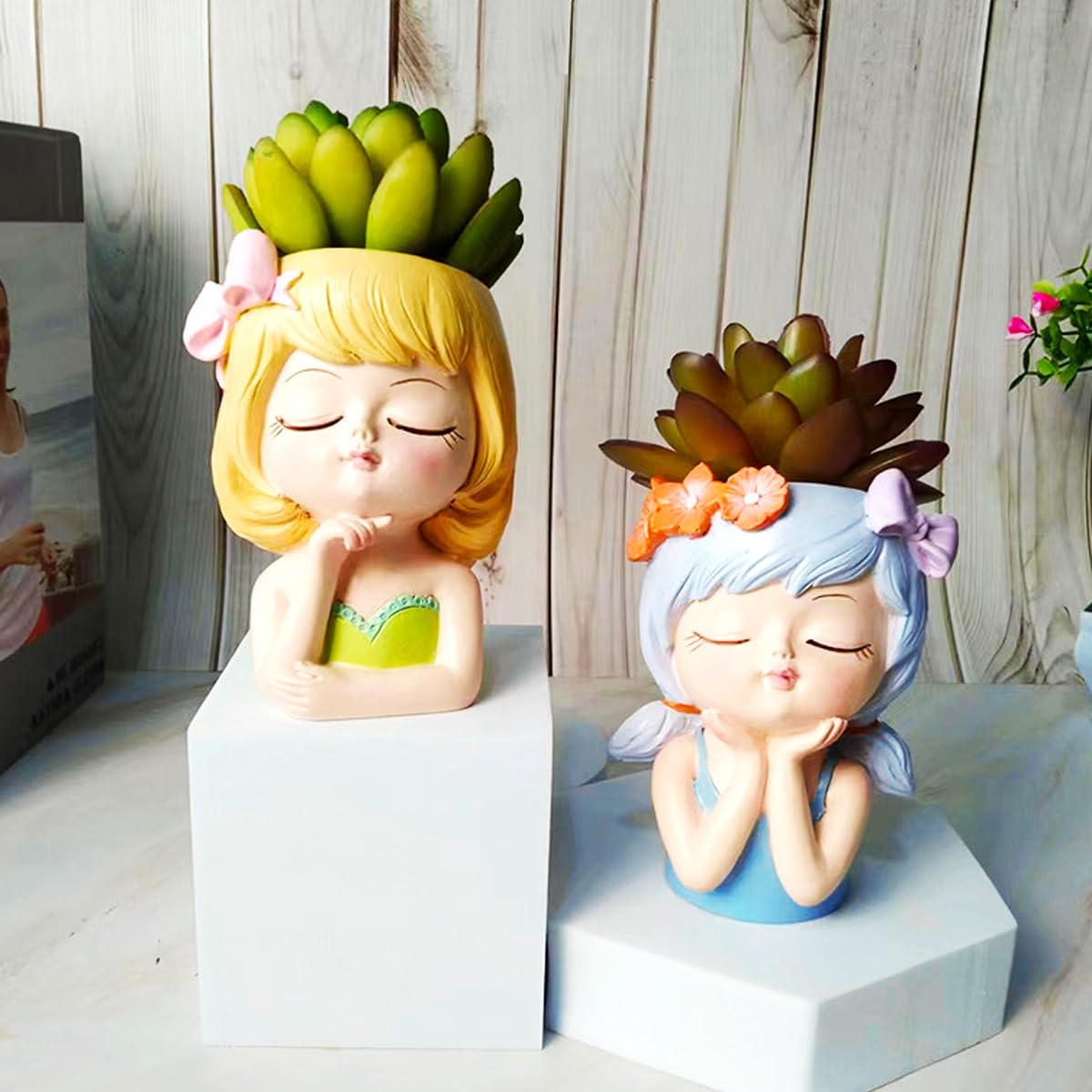 Cute Head Planter Pot Resin Succulent Planter Little Girl Flower Pot, Human Face Cactus Plants Container Bonsai Holder Thumb Pot Fairy Figurine Statue Planters with Drainage Decor Gift (Yellow)