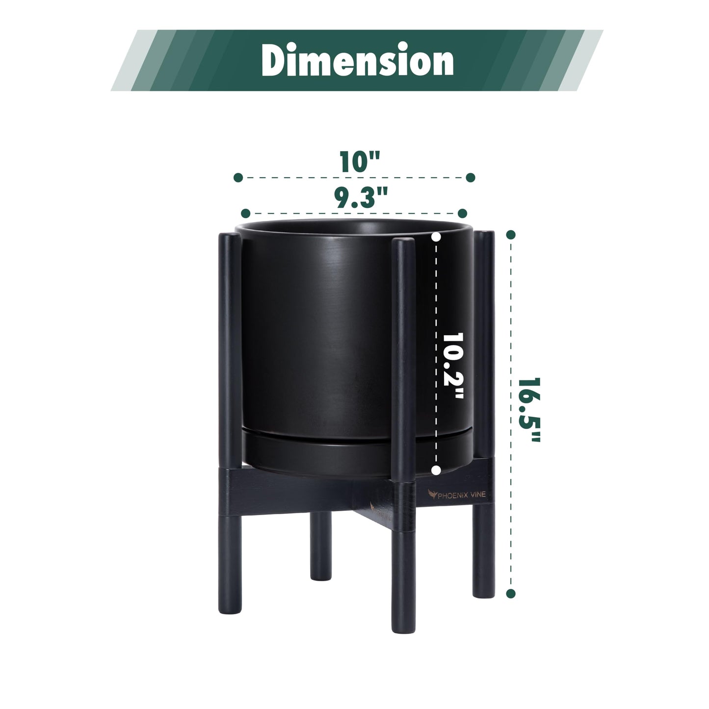 D'vine Dev Ceramic Planter with Ebony Stand - 10 Inch Modern Round Flower Pot with Wood Planter Holder, Black, 55-B-L-2