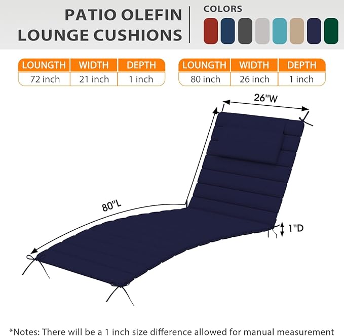 Sundale Outdoor Olefin Quilted Lounge Cushion Set of 2, Patio Foldable Chaise