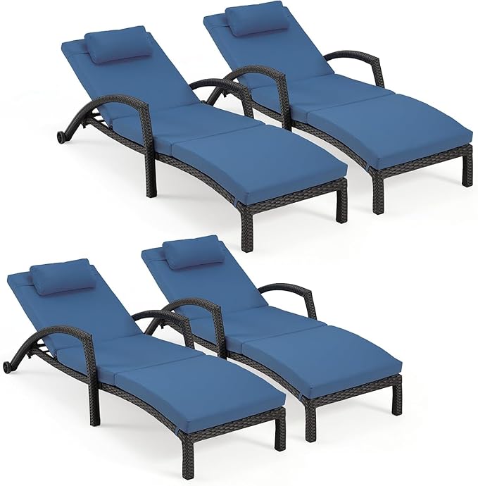 HOMREST Chaise Lounge Chairs Set of 4, PE Rattan Wicker Recliner, Patio Lounge