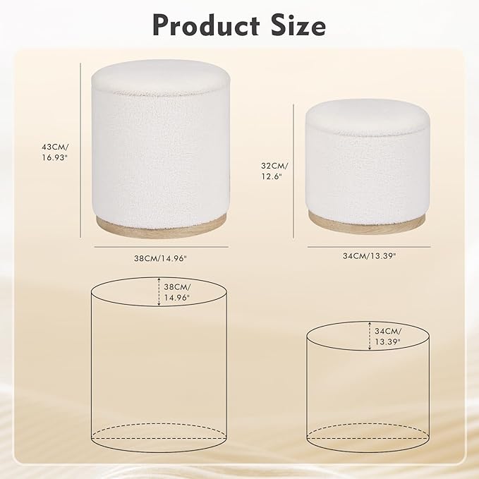 PINPLUS Round Ottoman with Storage Set of 2, Vanity Stool with Tray Storage