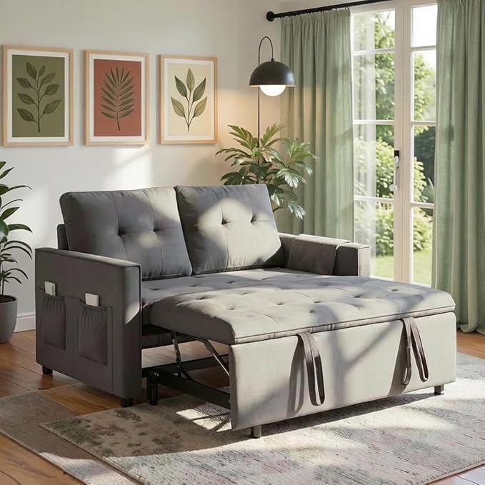 Sofa Bed, Pull Out Couch with Side Pockets, 3 in 1 Velvet Fabric Loveseat