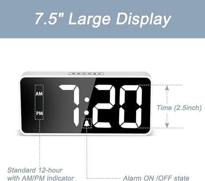 Welgo 7.5 Inch Huge Digital Alarm Clock for Seniors | 0-100% dimmer, oversized easy-read numbers, adjustable volume, USB charging port, snooze, outlet-powered for bedroom