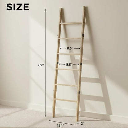 Blanket Ladder for Living Room 6-Tier, Wooden Decorative Quilt Holder for Bed Room, Wall-Leaning Towel Rack for Bathroom, Decorative Blanket Ladder Wood for Home Decor & Display (Light Wash)