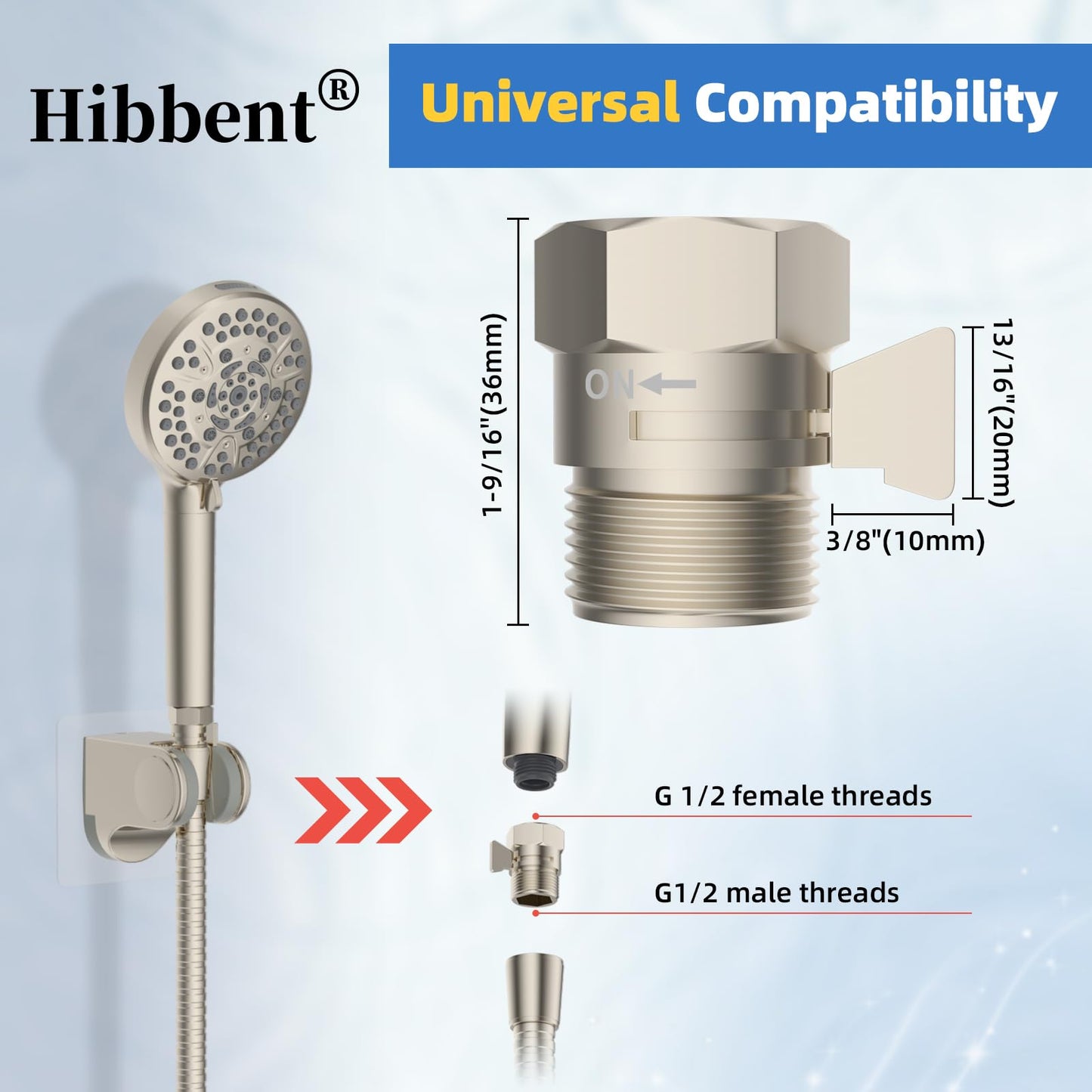 Hibbent All Metal 1 Pack Shower Head Flow Control Valve, G1/2 Brass Shut-off Valve with Metal Handle Lever, Shut OFF Water Flow Control Regulator for Handheld Shower, or Bidet Sprayer, Brushed Nickel