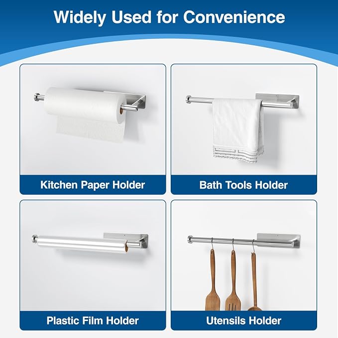 Paper Towel Holder - Self-Adhesive or Drilling, Brushed Nickel, Wall Mounted, SUS304 Stainless Steel Kitchen Roll Dispenser Under Cabinet