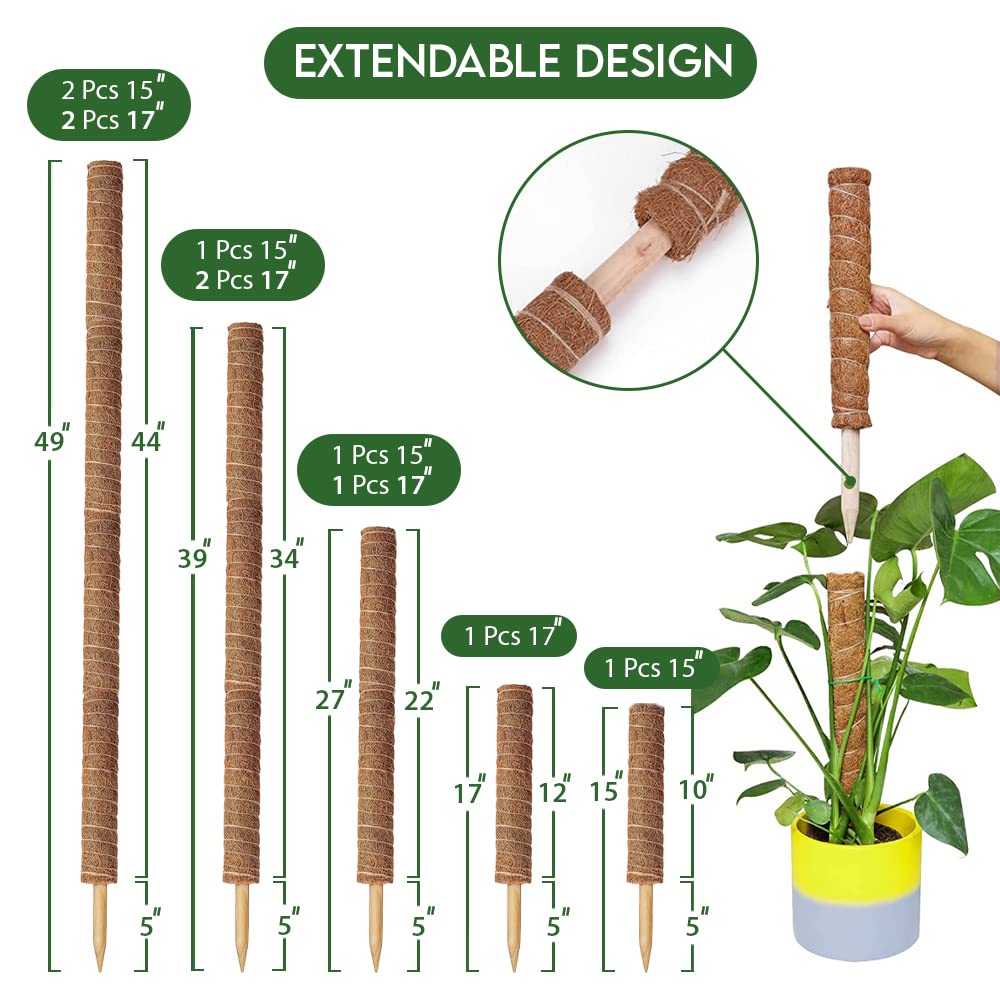 [4 Pack] 49 Inches Moss Pole- Moss Pole for Plants Monstera- Moss Poles for Climbing Plants- 2 Pcs 17” and 2 Pcs 15” Plant Stakes for Indoor Plants.