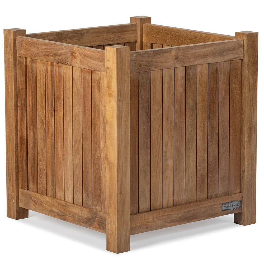 TITAN GREAT OUTDOORS Ash & Ember Grade A Teak Square Planter Box, 6 Cu FT / 48 Gal Fill Capacity, 26x26x28 Naturally Weather-Resistant Planters for Outdoor Plants, Outdoor Patio & Garden Decor