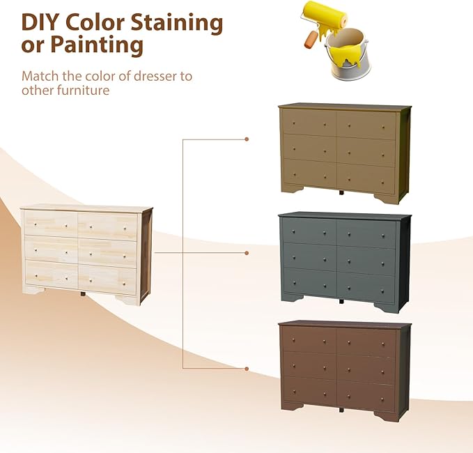 VINGLI 6 Drawer Dresser with Unfinished Solid Wood