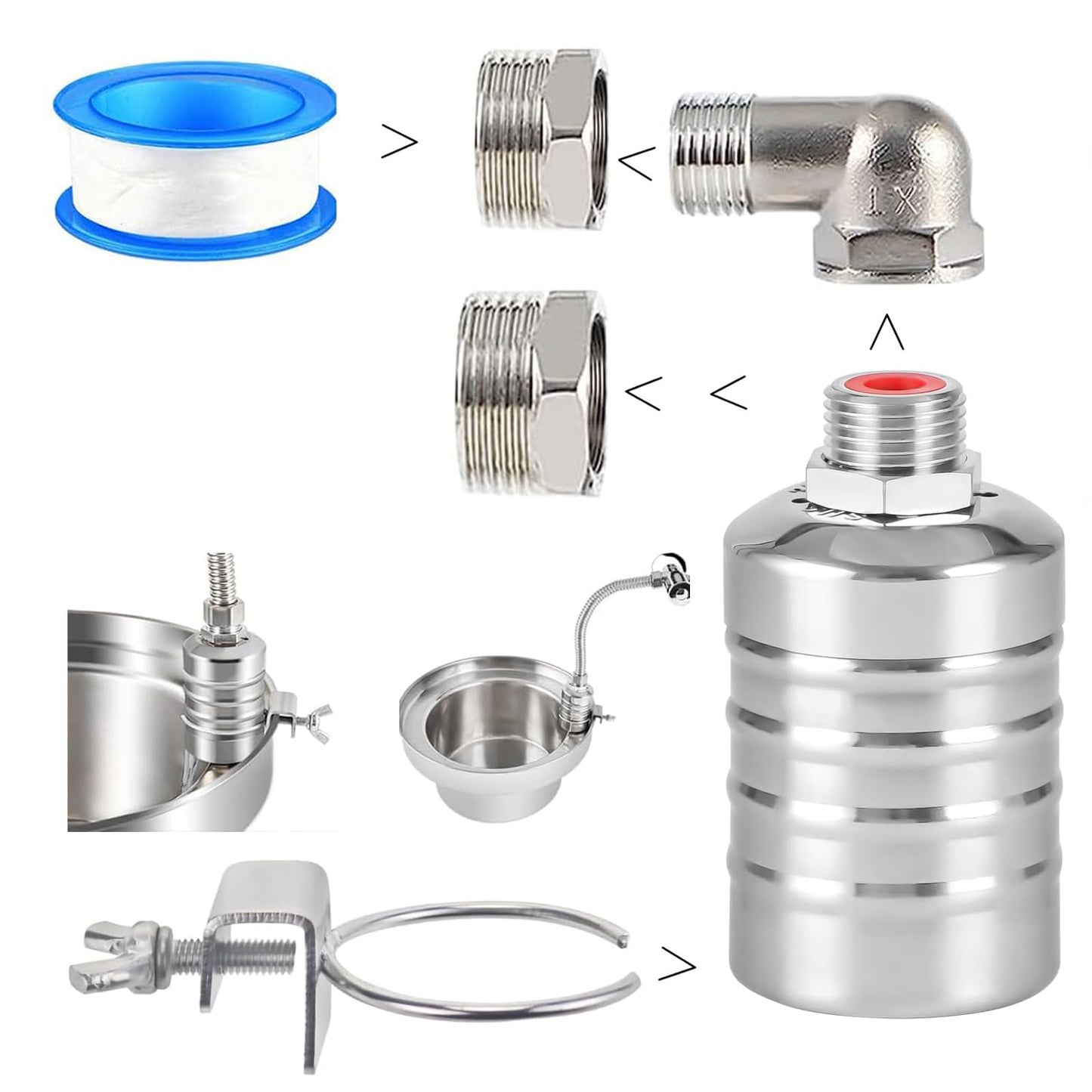 Upgraded Water Float Valve With 1/2" Bend and Adapters, 304 Stainless Steel Automatic Waterline Controller for Cistern, Aquarium, Livestock Trough and Pool