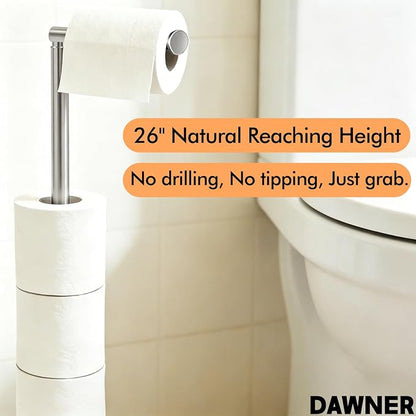 DAWNER 26" Heavy Duty Toilet Paper Holder Stand, Free Standing Toilet Paper Holder, Brushed Nickel Bathroom Toilet Paper Roll Holder, Stainless Steel Tissue Holder for Bathroom, Anti-Tipping Base