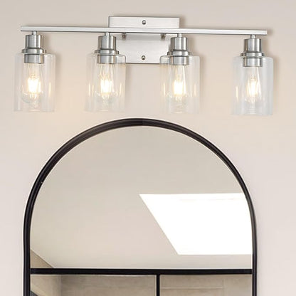 Modern Wall Lighting 4-Lights Brushed Nickel Wall Lamp Fixtures,24" Vintage Wall Sconces with Clear Glass Shades, Farmhouse Bathroom Vanity Light for Mirror,Bedroom,Living Room